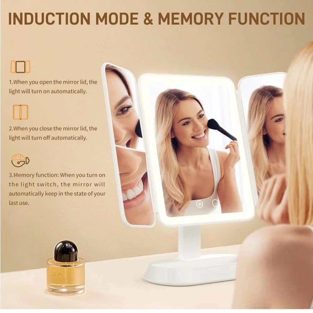 NIB Franco Vanity Tri-Fold LED Makeup Mirror with Magnification